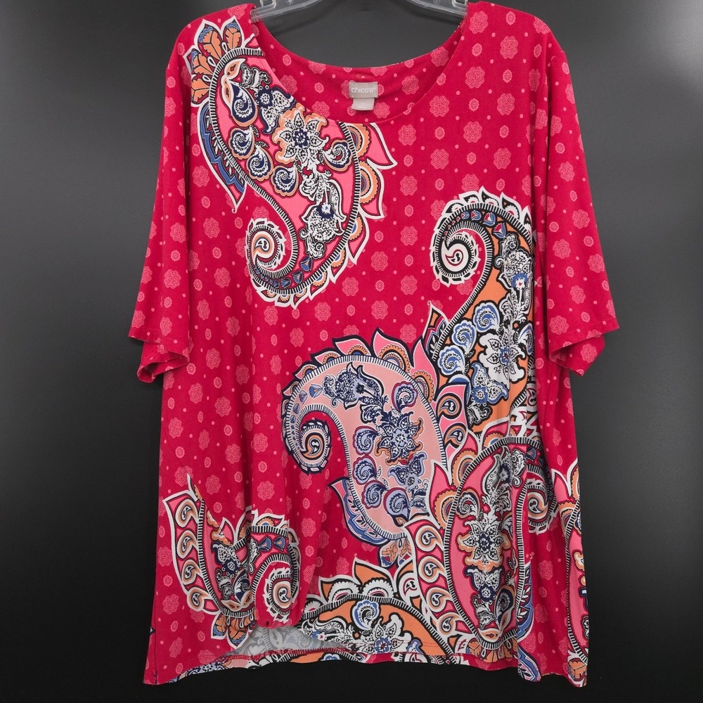 Chico's Paisley Knit Top Women Size 4 (XXL) Red Multi Short Sleeve Boho Stretch